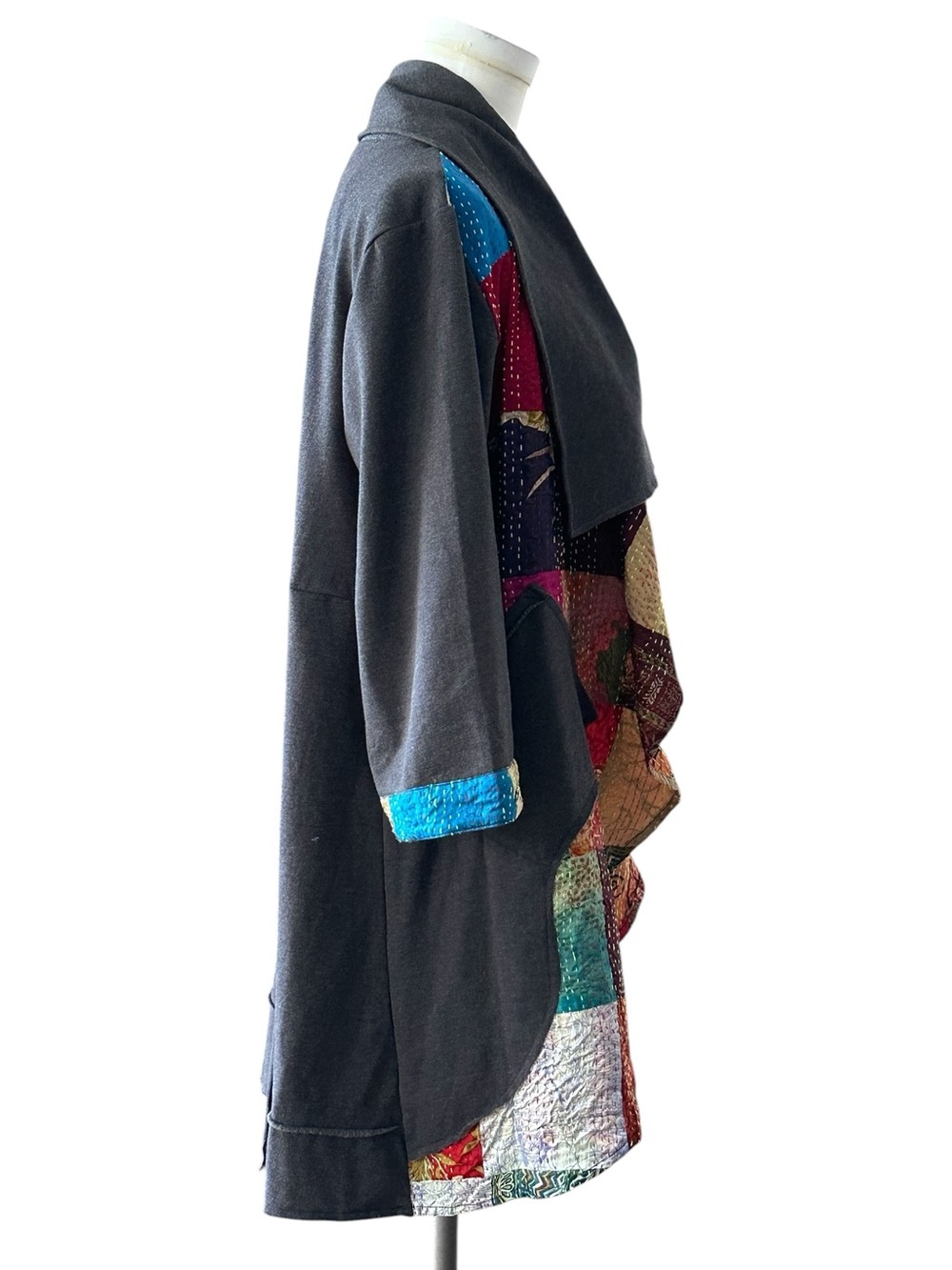 Paper Lace Womens Gray Kantha Patchwork Open Front Duster Cardigan Jacket Medium - Picture 3 of 9